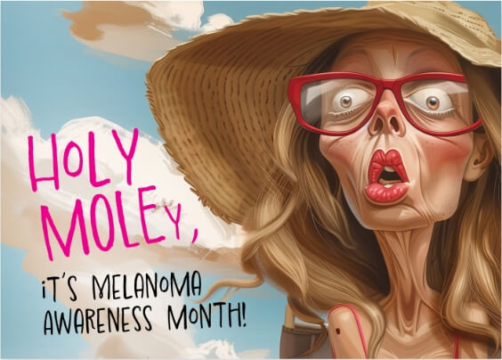 A front side of a postcard with a surprised woman sunbathing on a sun lounger. she wears glasses and a wide-brimmed hat