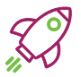 A pink outline icon of a rocket ship with a green circular window and green flames.