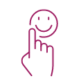 A circular icon with a pink outline shows a hand with the index finger touching a smiley face.