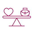 A circular icon shows a heart and a briefcase on opposite sides of a seesaw, with the seesaw balanced. The icon is outlined in pink and is on a solid dark green background.