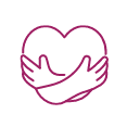 A circular icon shows two hands holding a heart. The icon is outlined in pink.