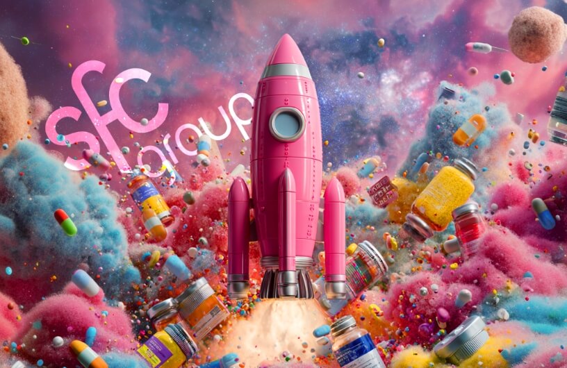 A fantastical image shows a pink rocket launching from a sea of colorful, pill-shaped clouds. The rocket is surrounded by floating vials and pharmaceutical capsules. The SFC Group logo is in the top left corner.