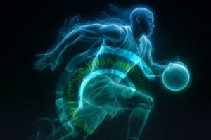 A dynamic digital illustration of a basketball player dribbling a ball, rendered in glowing blue and cyan lines that suggest speed and energy. The figure is surrounded by smoky, ethereal trails and has a bright green, segmented ring around his torso.