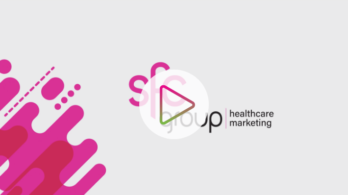 SFC Group logo: stylized pink 'sfc' text above 'group' in black, with 'healthcare marketing' subtitle, accompanied by abstract pink splash graphic on a light gray background.