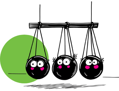 A cartoon illustration of three black, spherical characters with wide eyes and rosy pink cheeks, hanging from a horizontal wooden beam like ornaments or swings, set against a white background with a green circle.