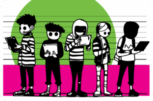 Cartoon illustration of five diverse stylized teenagers standing in a line on a lined notebook background, each holding a tablet or e-reader, wearing casual streetwear with hoodies, backpacks, and sneakers, set against a bright green circle and hot pink base, evoking modern youth culture and digital engagement